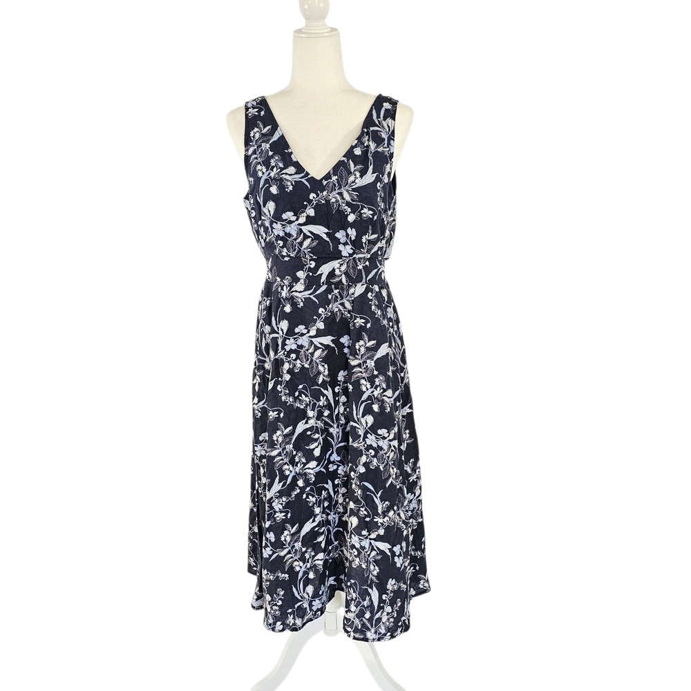 100% Linen Floral Sleeveless Navy Dress